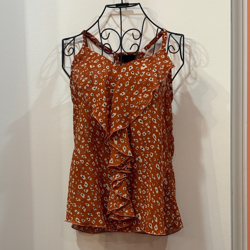 Mine Rust Orange Floral Ruffle Front Spaghetti Strap Cami Tank Top Women’s Small